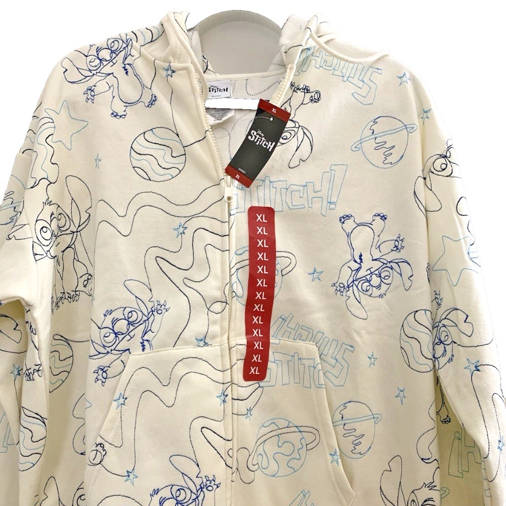 Disney STITCH Jacket Women XL Cream/blue Embroidered Full Zip Hoodie Pockets NWT